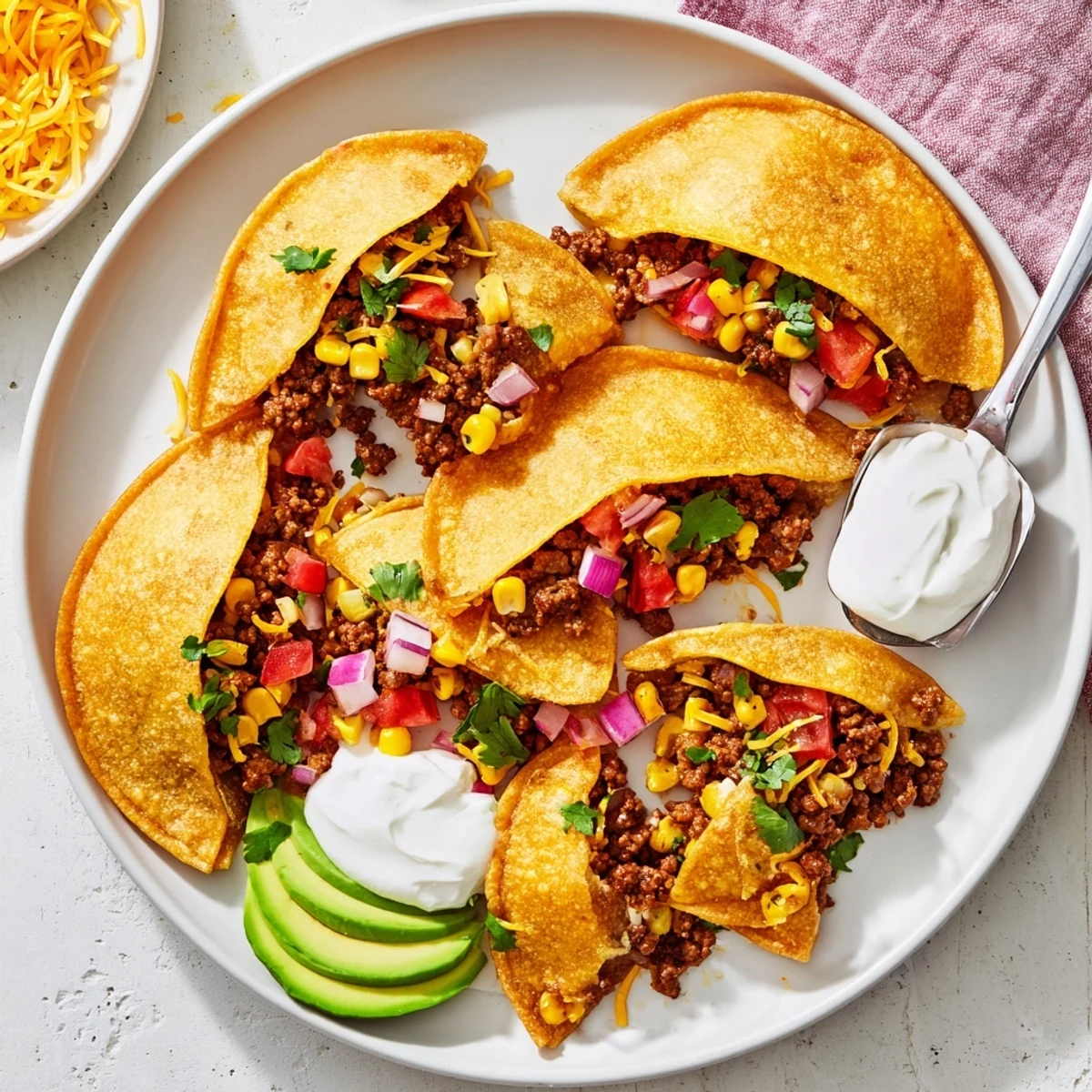 Close up of crispy fried Mexican taco pockets stuffed with spicy beef and corn filling