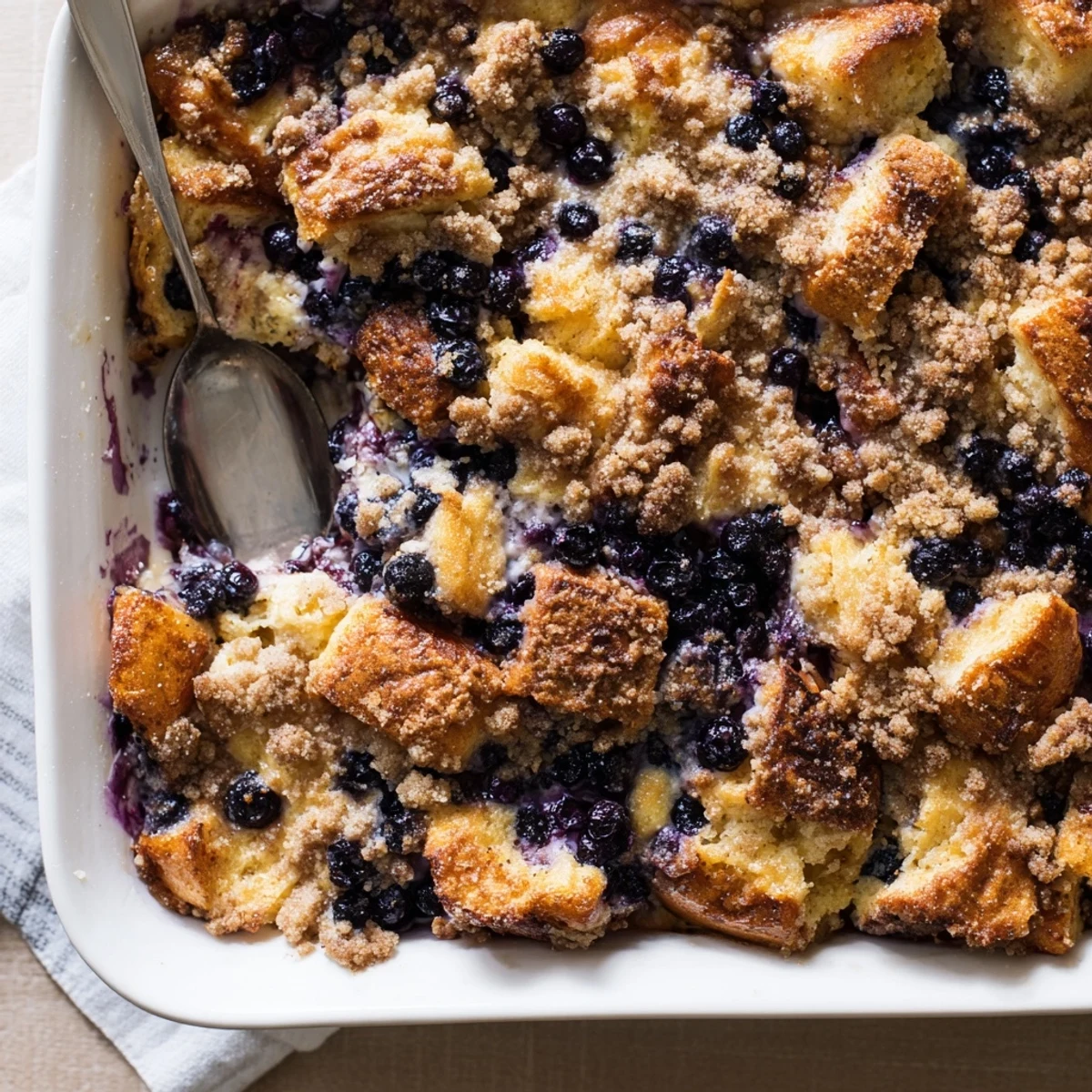 Golden blueberry cream cheese French toast casserole with cinnamon streusel topping, fresh blueberries bursting between custard-soaked bread layers, and melted cream cheese pockets throughout