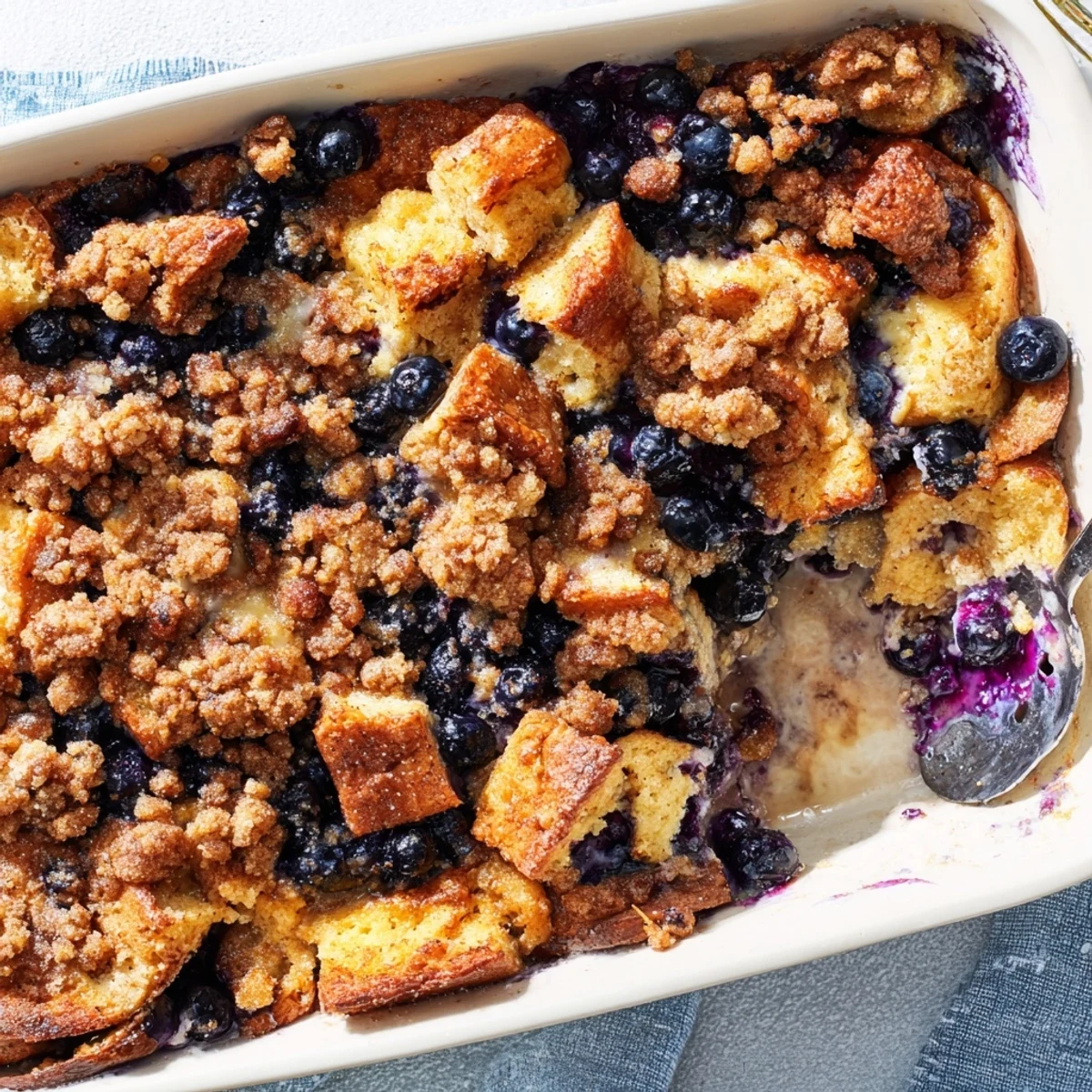 Baked blueberry cream cheese French toast casserole served in a rectangular dish, featuring golden brown bread cubes, juicy blueberries peeking through, and a buttery brown sugar crumble topping
