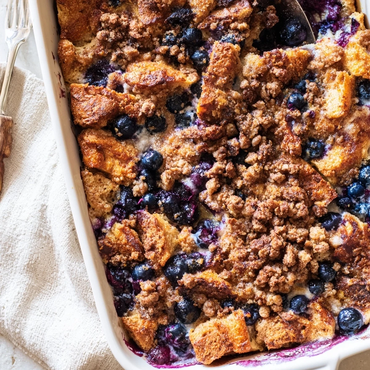 Spoon lifting a warm portion of blueberry cream cheese French toast casserole, showing melted cream cheese center and plump blueberries nestled in golden baked bread