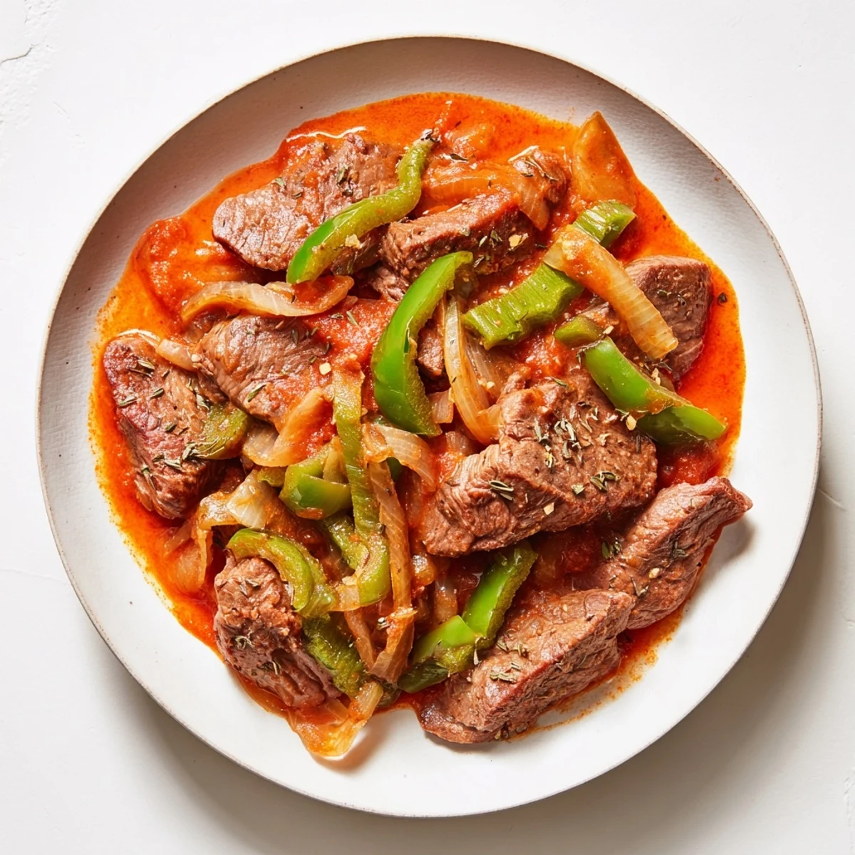 Tender old fashioned Swiss steak with beef braised in rich tomato sauce alongside bell peppers and onions