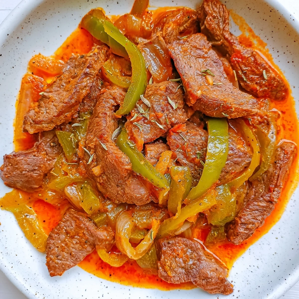 Golden seared old fashioned Swiss steak with beef simmered to perfection in savory herb-infused tomato gravy