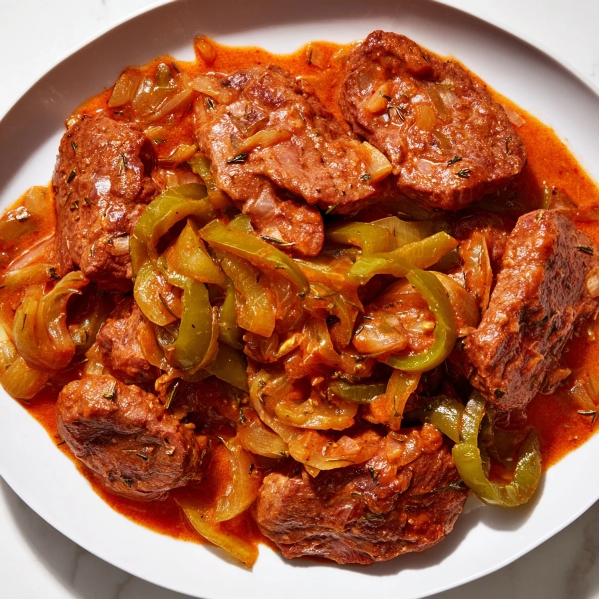 Mouthwatering old fashioned Swiss steak with beef served in a deep plate covered in thick vegetable-rich sauce
