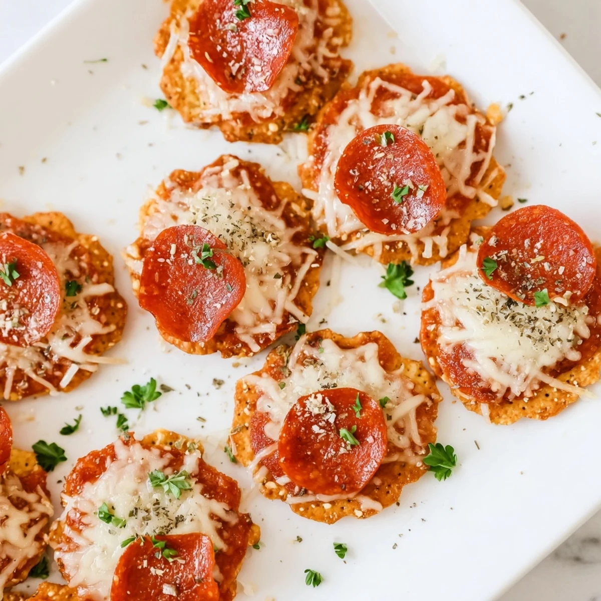 Golden baked Beef Pepperoni Pizza Crackers topped with melted mozzarella and zesty pepperoni slices on a serving platter