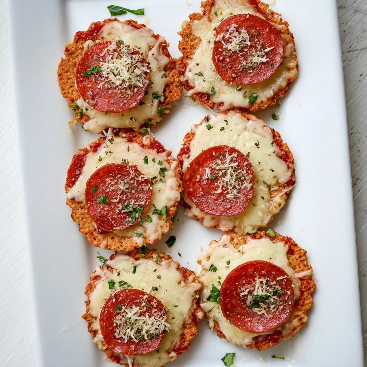 Bite-sized Beef Pepperoni Pizza Crackers arranged on a parchment-lined baking sheet with pizza sauce and cheddar cheese