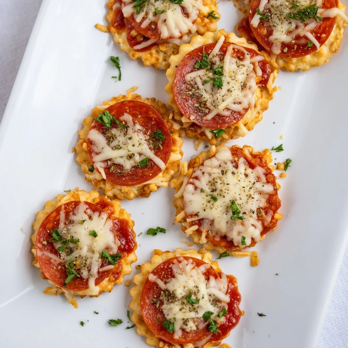 Crispy Beef Pepperoni Pizza Crackers garnished with fresh parsley and bubbling cheese after ten minutes in the oven