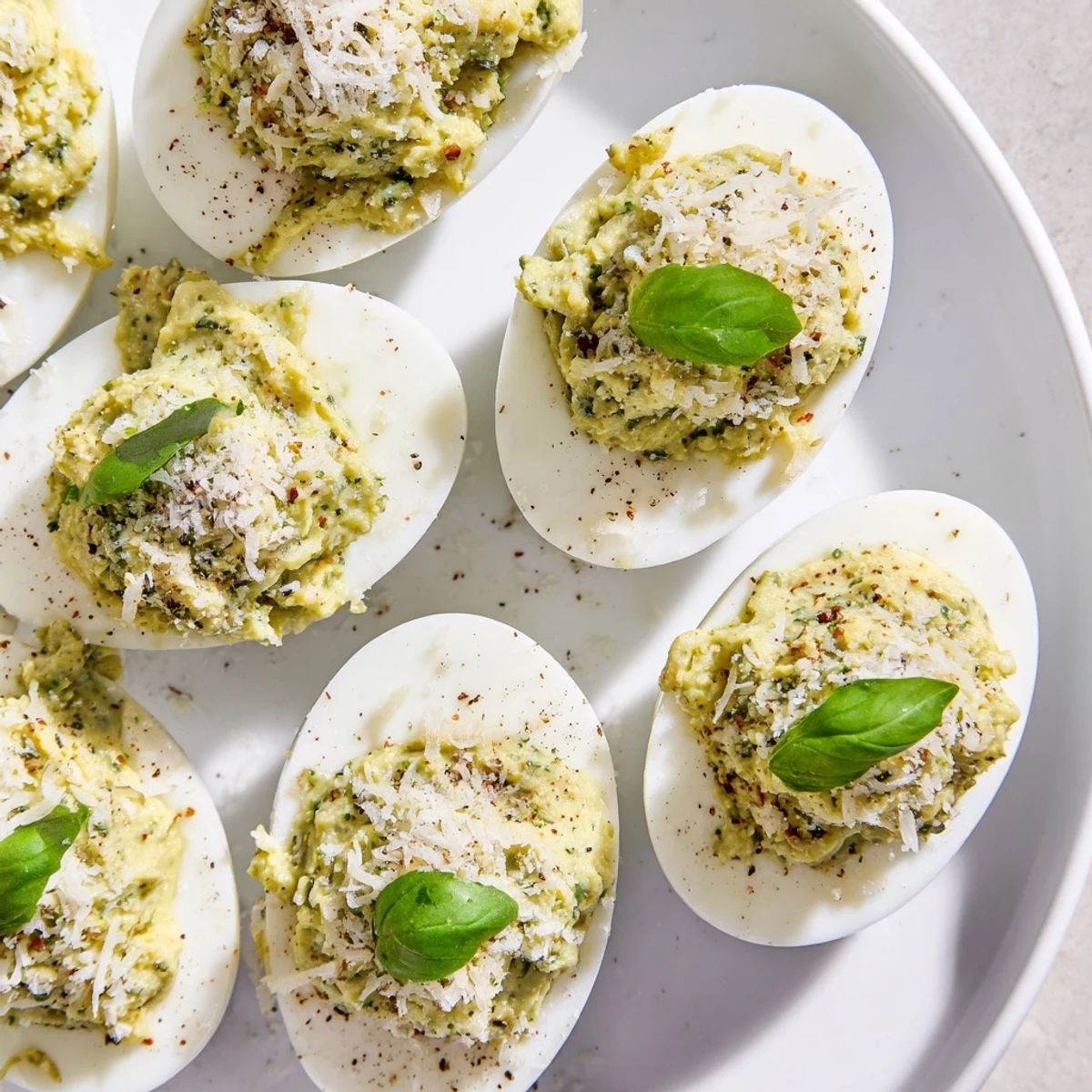 Chilled Pesto Parmesan Deviled Eggs piped smooth, topped with cracked pepper