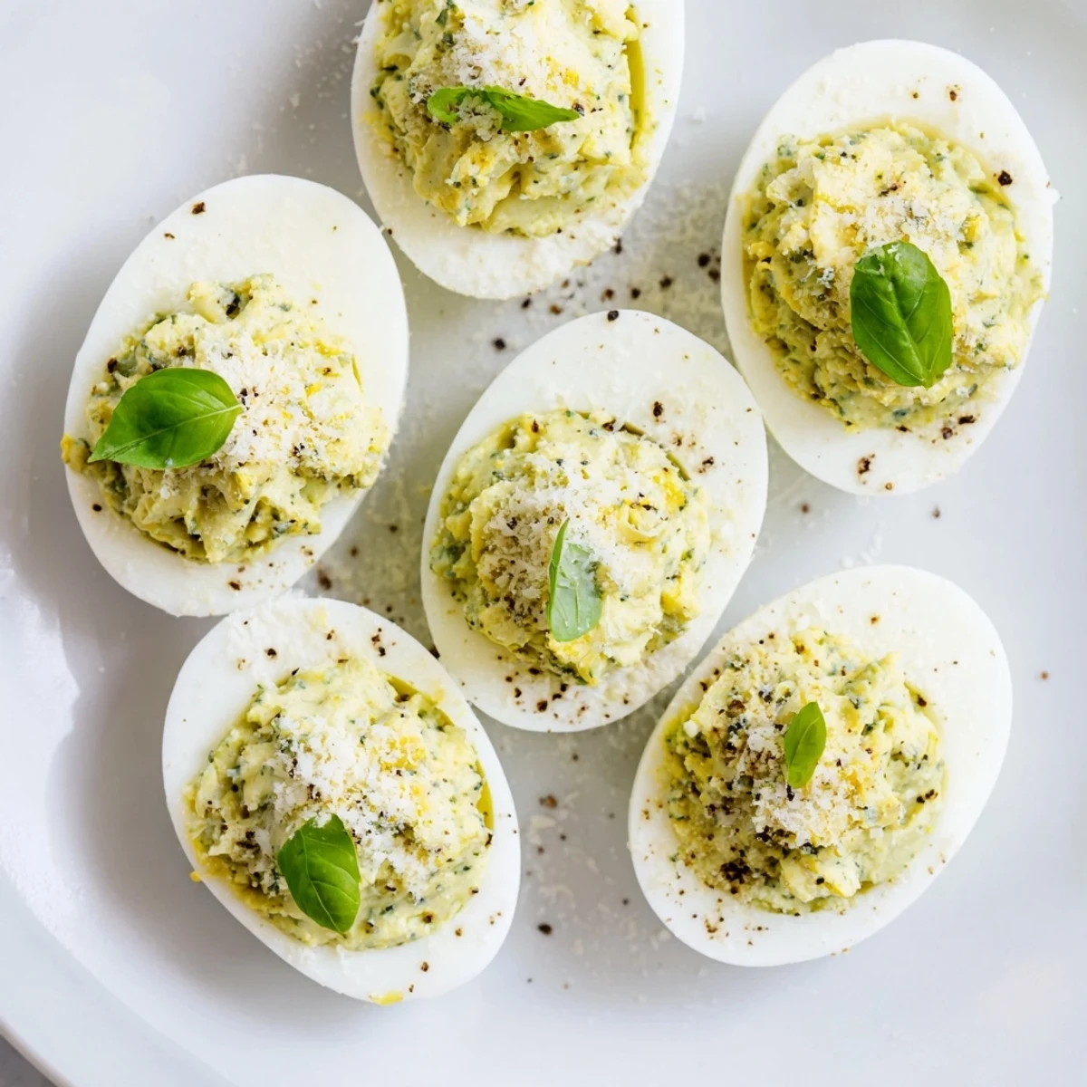 Creamy Pesto Parmesan Deviled Eggs with bright basil garnish on platter