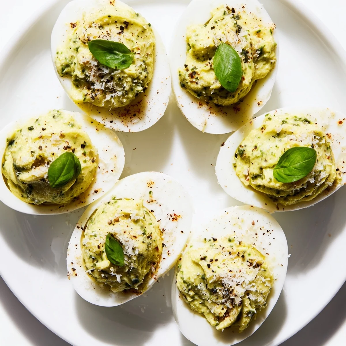 Zesty Pesto Parmesan Deviled Eggs perfect for picnics, tangy lemon undertone