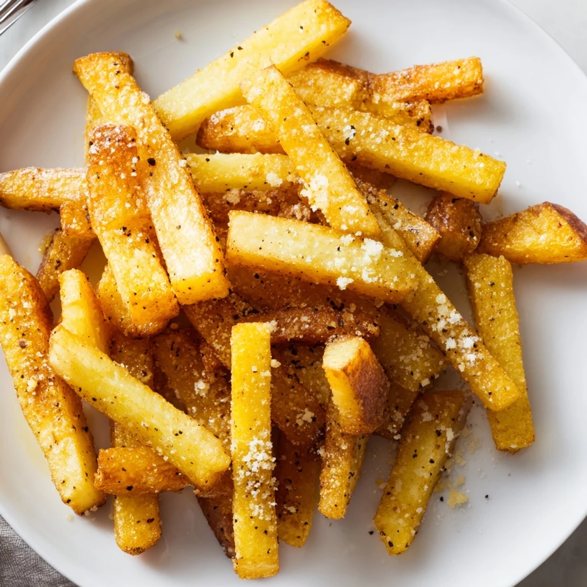 Plate of Crispy Homemade Air Fryer French Fries steaming, seasoned with paprika.