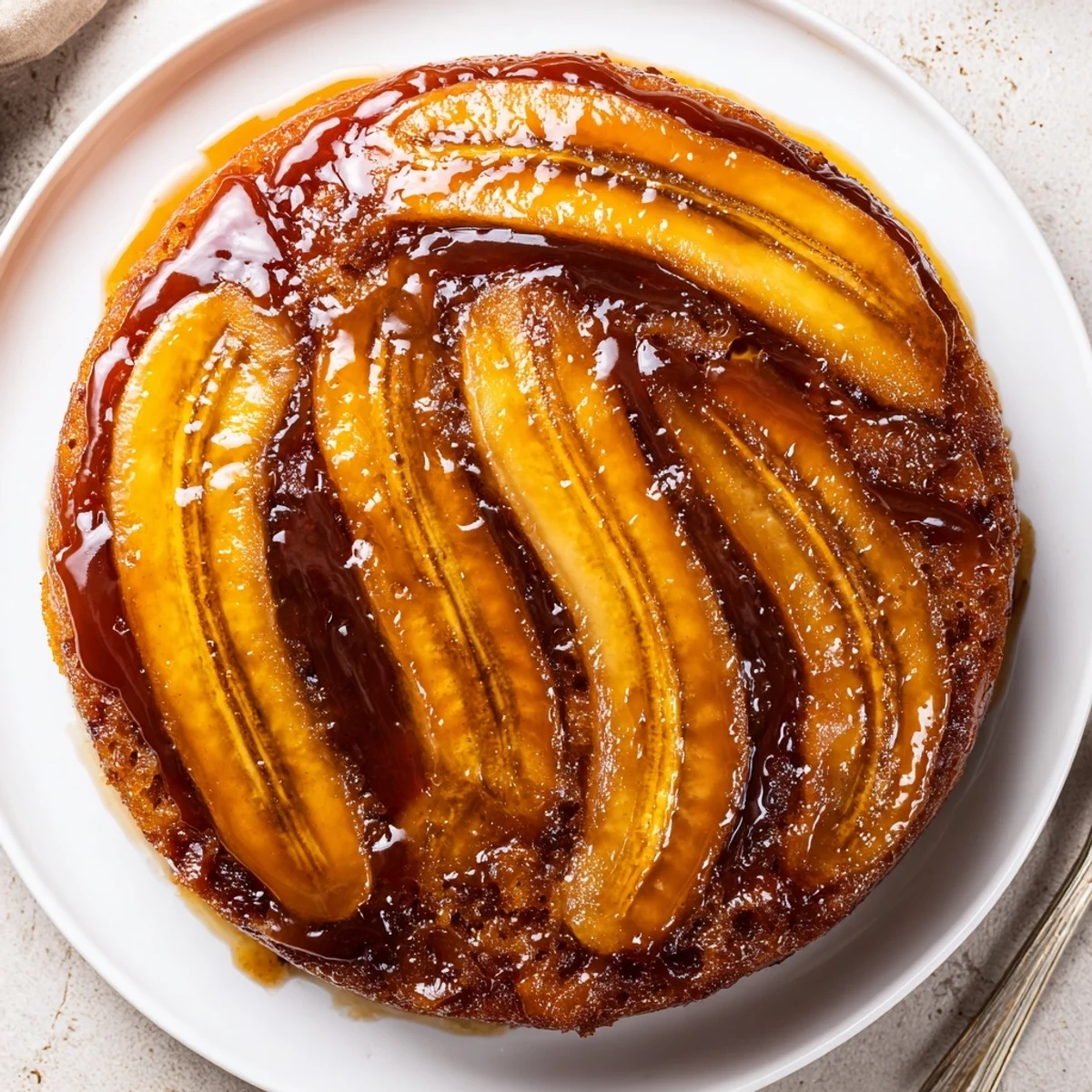 Warm Banana Foster Upside Down Cake with glossy caramelized bananas, served with ice cream.