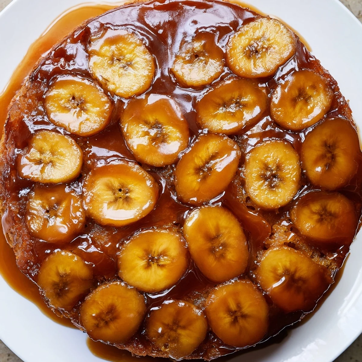 Inverted Banana Foster Upside Down Cake sliced, moist crumb and caramel drizzling.