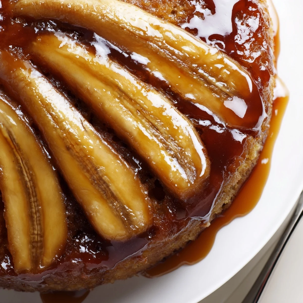 Golden Banana Foster Upside Down Cake topped with rum caramel, steaming and buttery.
