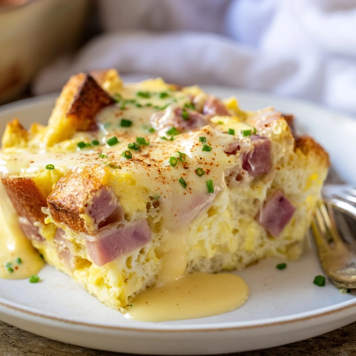Baked Eggs Benedict Casserole, golden-top slices steaming, drizzled with hollandaise.