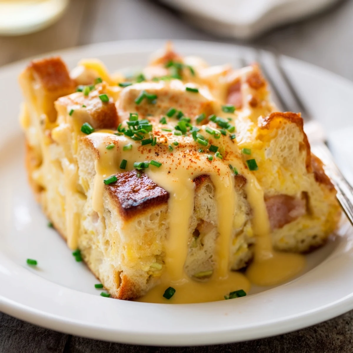Warm Baked Eggs Benedict Casserole topped with creamy hollandaise and fresh chives.