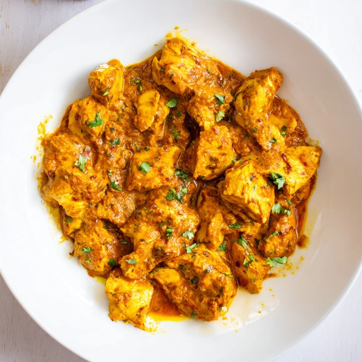 Creamy Butter Chicken Indian Recipe in skillet, tender chicken, rich tomato aroma