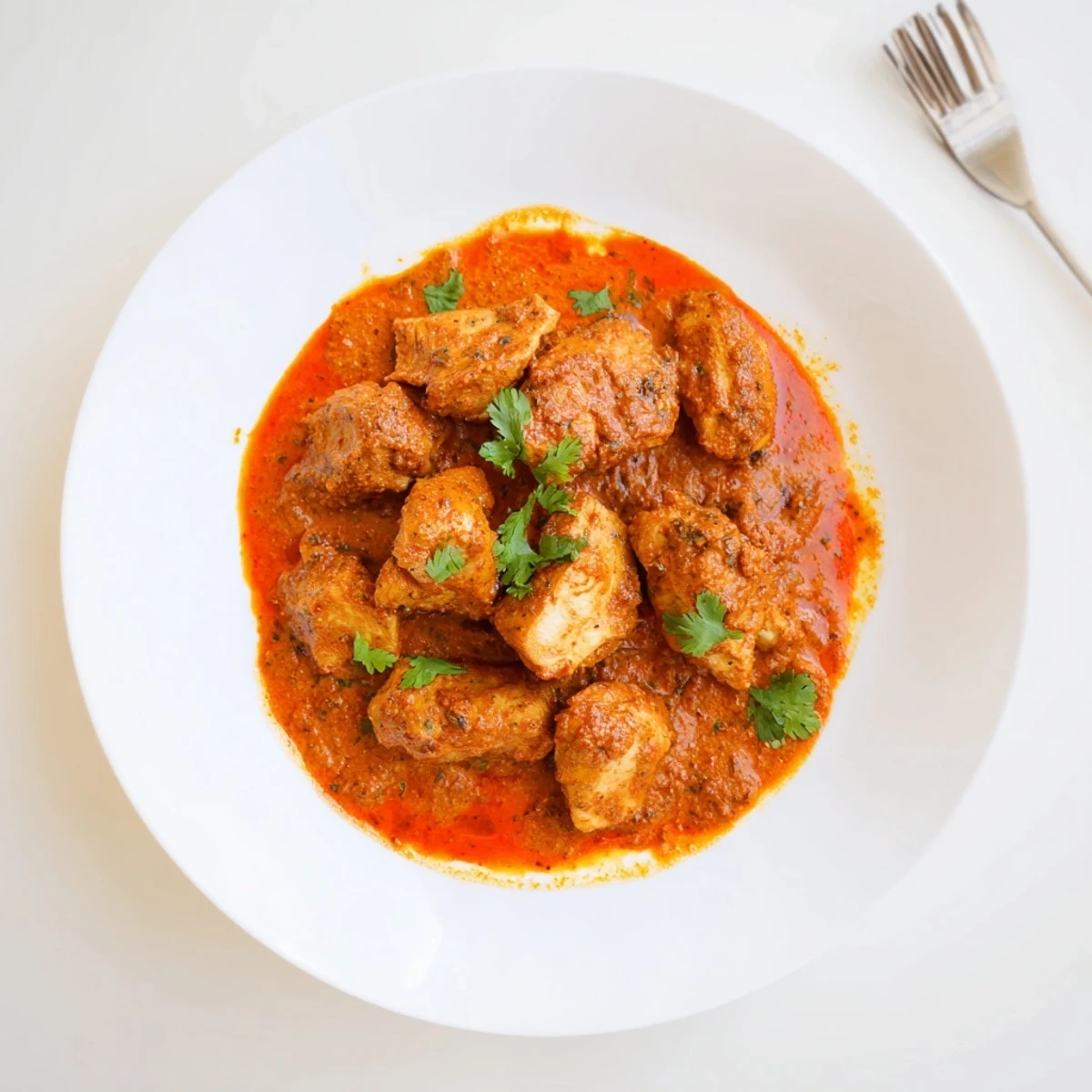 Velvety spiced Butter Chicken Indian Recipe over basmati rice, steaming, fragrant