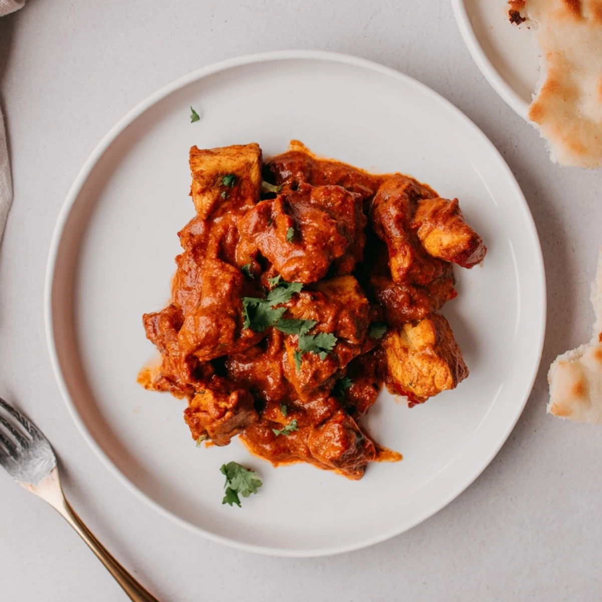 Weeknight Butter Chicken Indian Recipe served with warm naan, garnished with cilantro