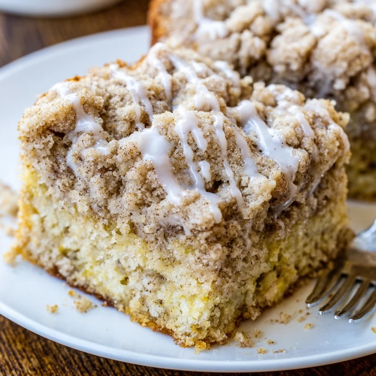 Sliced Banana Crumb Coffee Cake steaming beside a mug of morning coffee