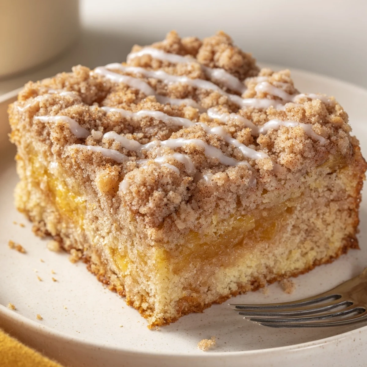 Golden Banana Crumb Coffee Cake cooling in pan, buttery cinnamon crumbs scattered