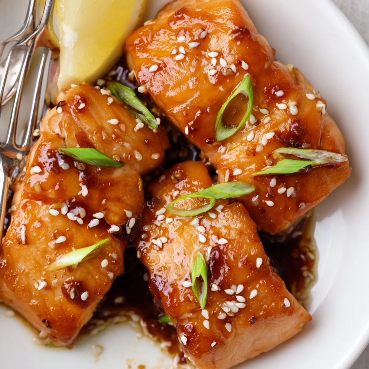 Bite sized Honey Glazed Salmon Bites resting on rice with toasted sesame seeds