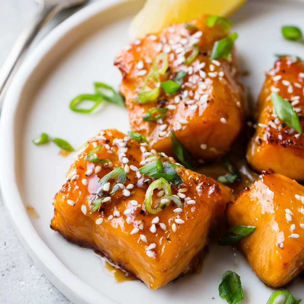 Oven broiled Honey Glazed Salmon Bites with slightly charred edges and lemon