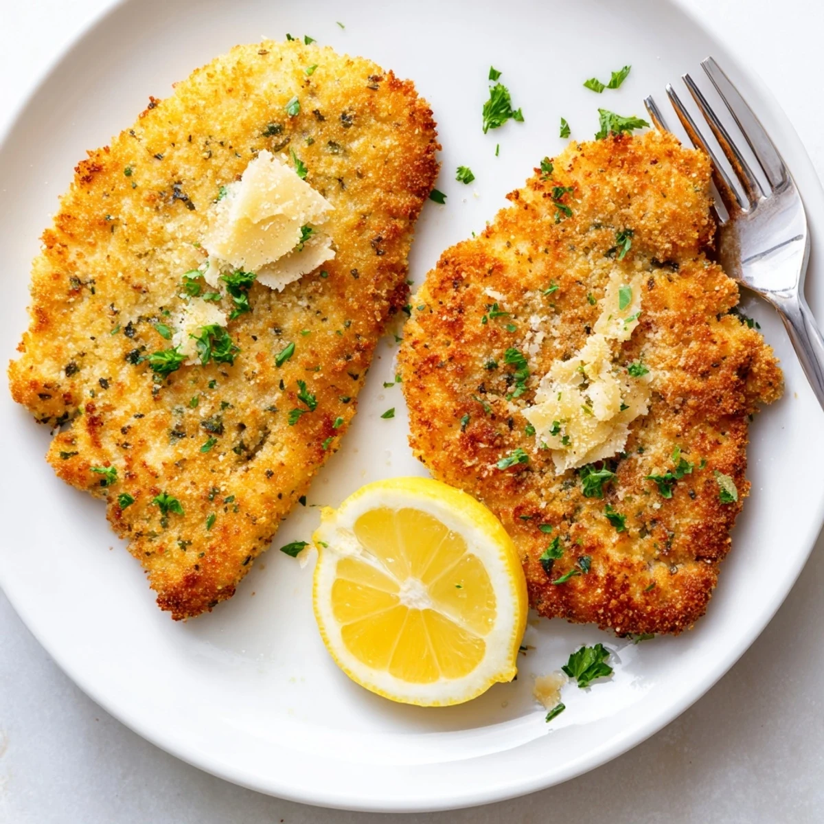 Golden Lemon Chicken Romano Crispy Delight with zesty lemon sauce, parsley garnish.