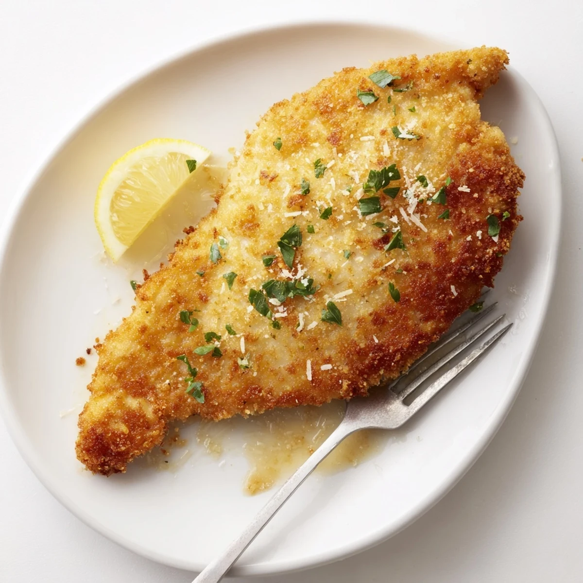 Crispy Lemon Chicken Romano cutlet resting on paper towel, bright lemon wedges.