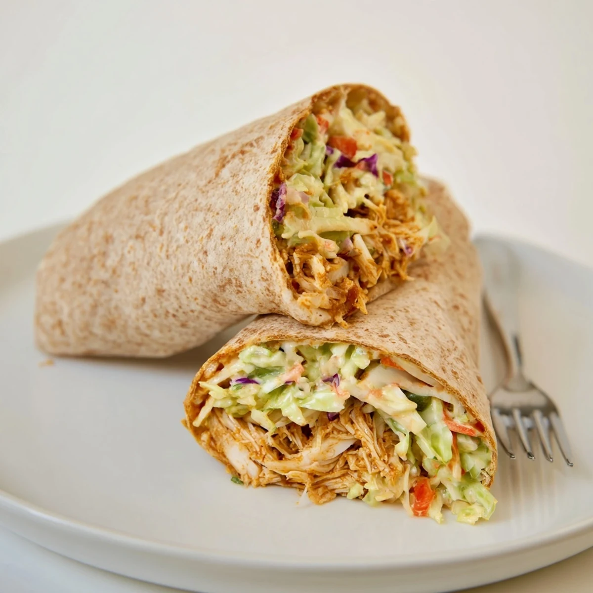Warm BBQ Chicken Coleslaw Wraps filled with smoky shredded chicken and crisp slaw.