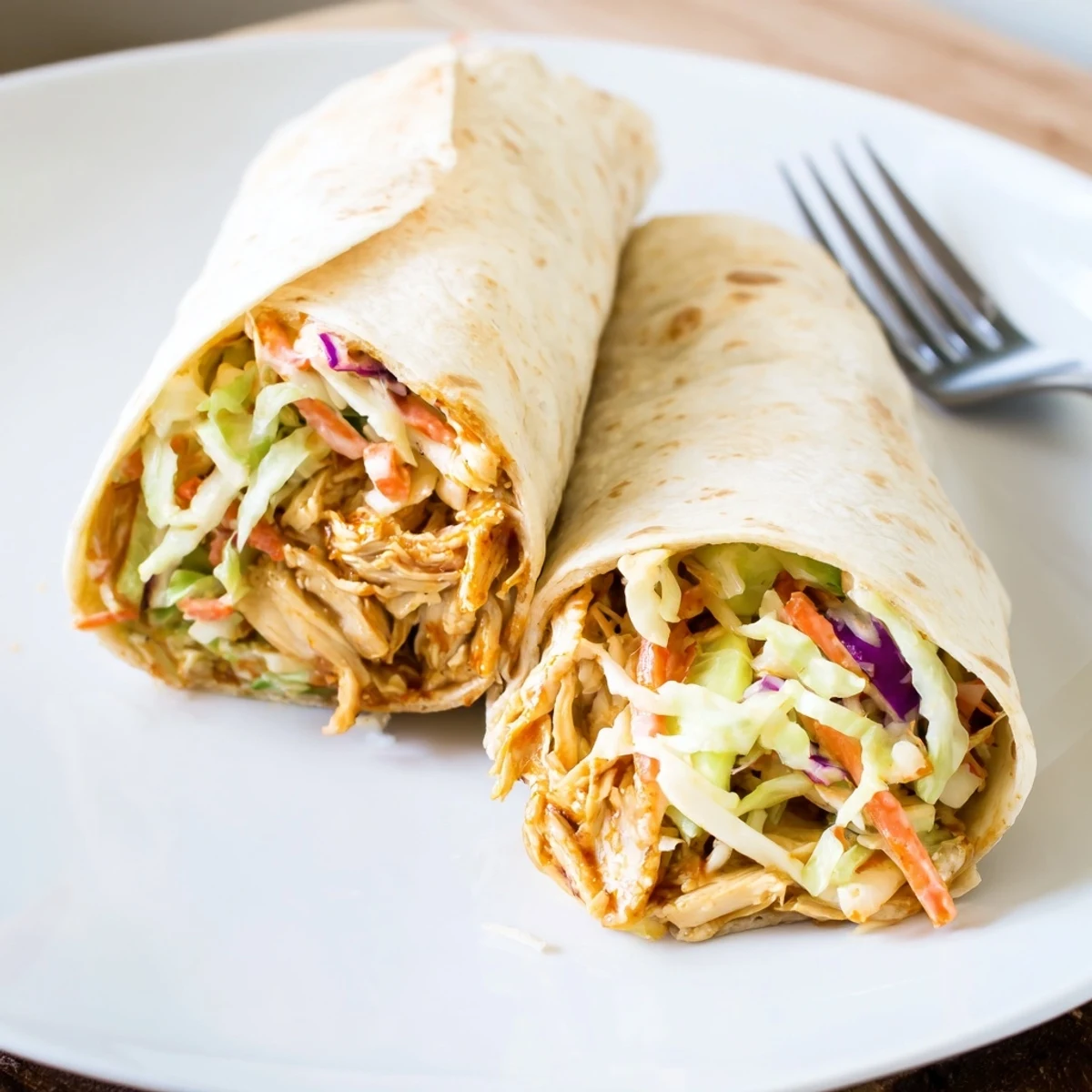 Hand-held BBQ Chicken Coleslaw Wraps showing juicy, smoky chicken and tangy slaw.
