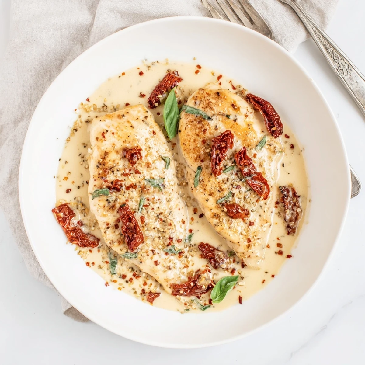 Marry Me Chicken simmering in creamy sun dried tomato sauce, basil garnish