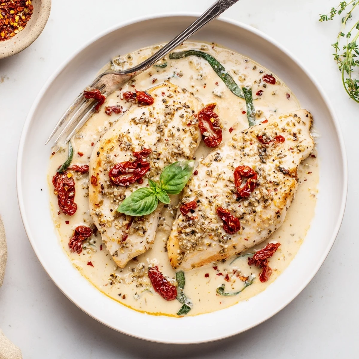 Plated Marry Me Chicken over pasta, golden sear and fragrant garlic cream