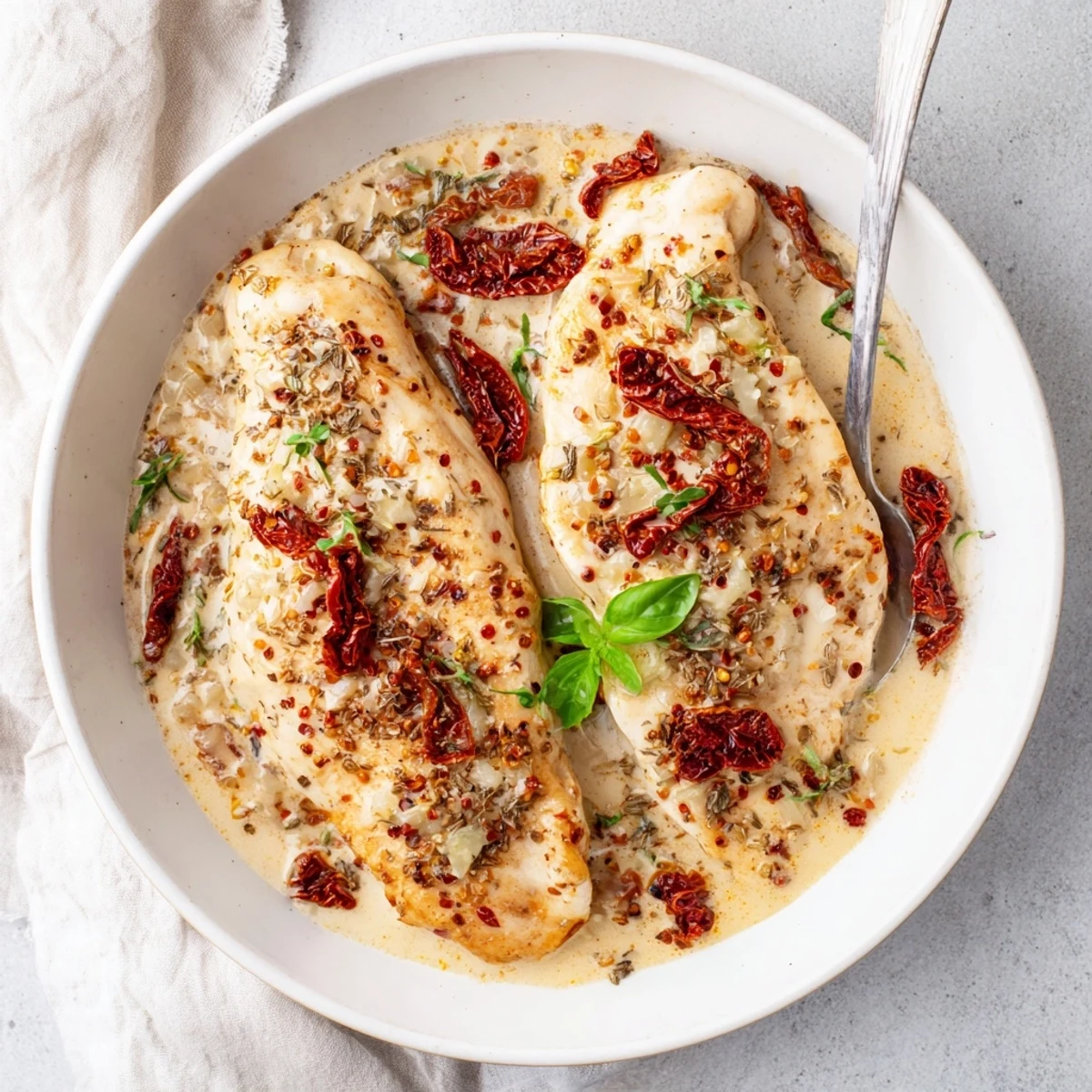 Skillet Marry Me Chicken nestled in rich Parmesan cream, sprinkled with basil