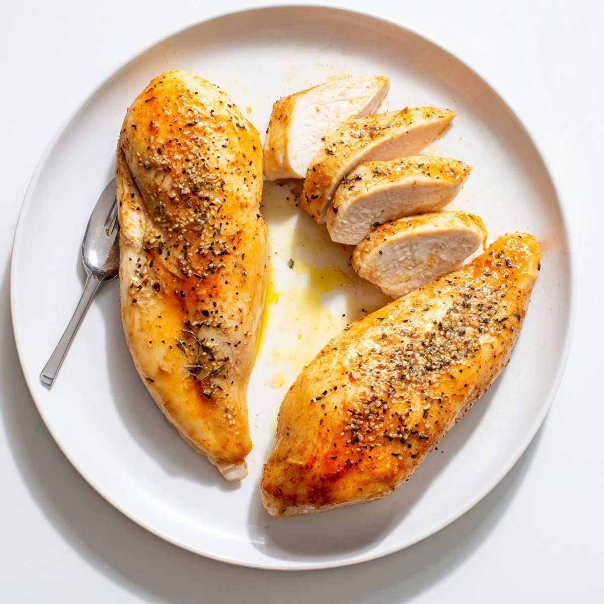 Sliced Air Fryer Chicken Breasts resting on plate, seasoned aroma and herbs.