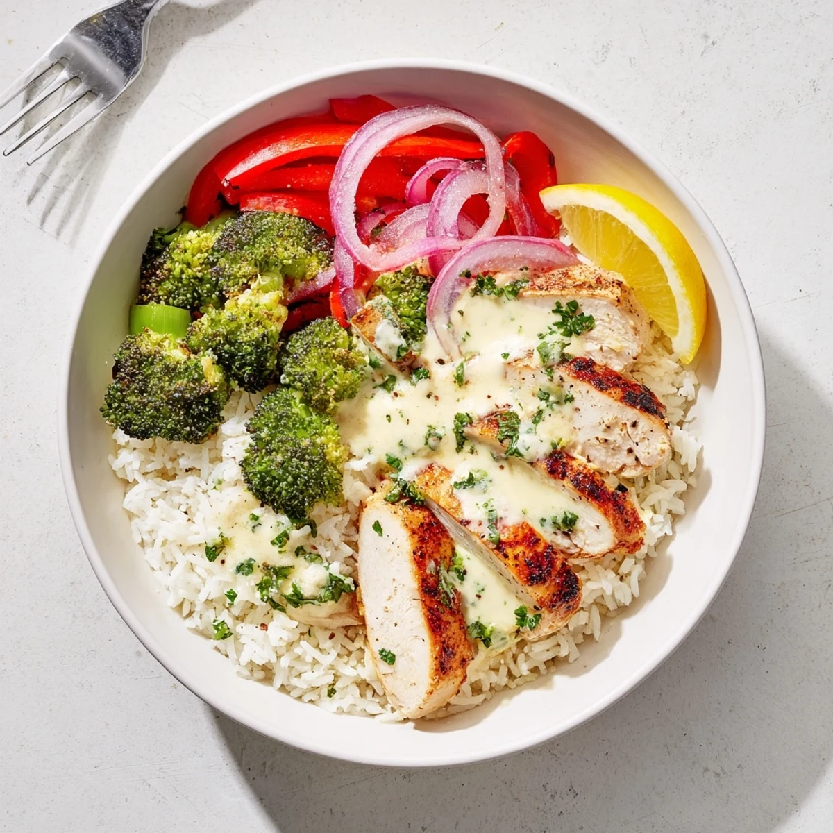 Grilled Chicken Broccoli Bowls with Creamy Garlic Sauce, juicy chicken and crisp broccoli