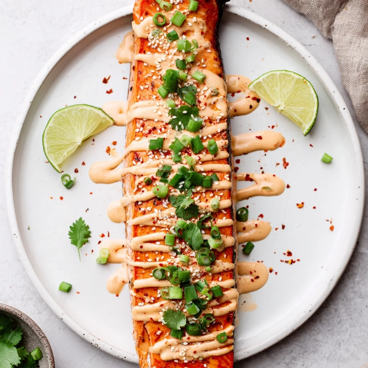 Bang Bang Salmon glistening with creamy spicy sauce, garnished with cilantro and lime