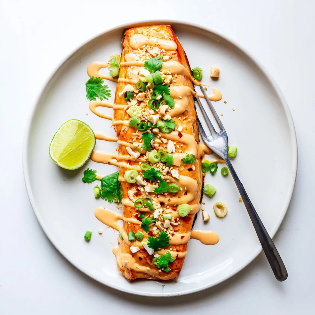 Oven baked Bang Bang Salmon, flaky fillets drizzled with sweet, tangy, spicy sauce