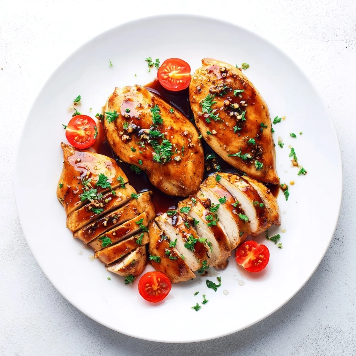 Balsamic Baked Chicken Breast glazed, golden edges, resting on bed of salad  