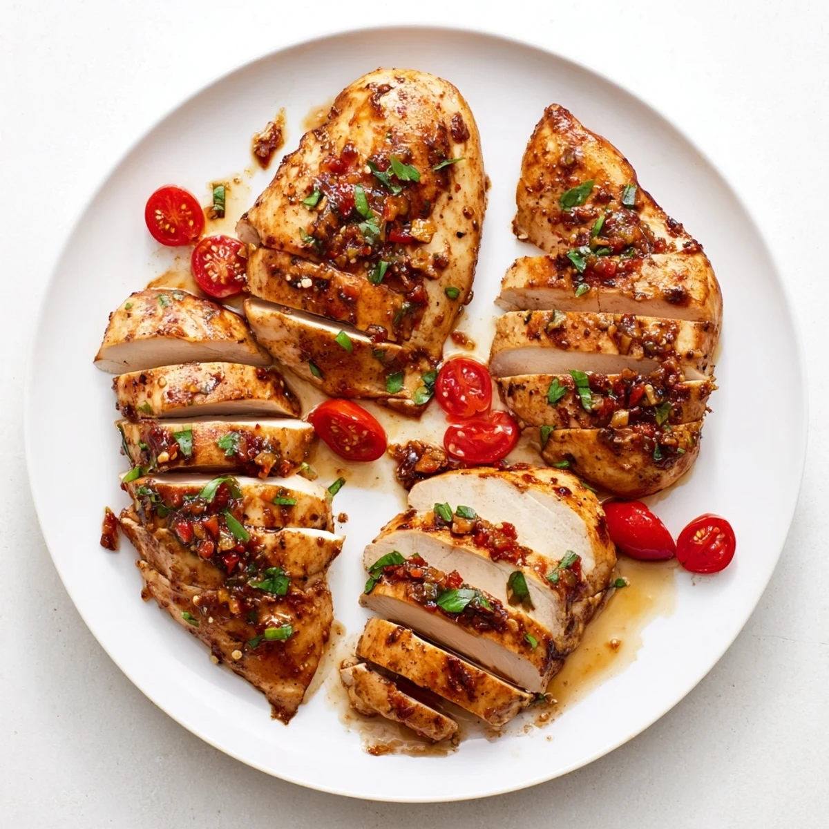 Oven-finished Balsamic Baked Chicken Breast sliced, served with roasted vegetables and parsley