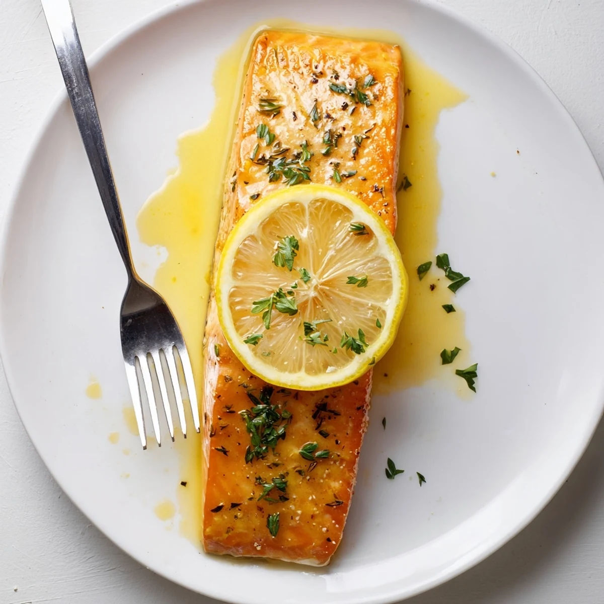 Baked Lemon Dijon Salmon With Garlic glistening under lemon slices, fragrant and flaky