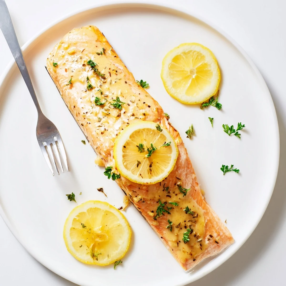 Oven-browned Baked Lemon Dijon Salmon With Garlic served with parsley and steamed vegetables