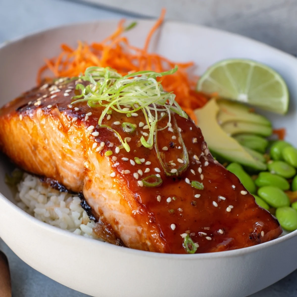Honey Glazed Salmon Bowl with caramelized glaze, fluffy jasmine rice, crisp cucumber