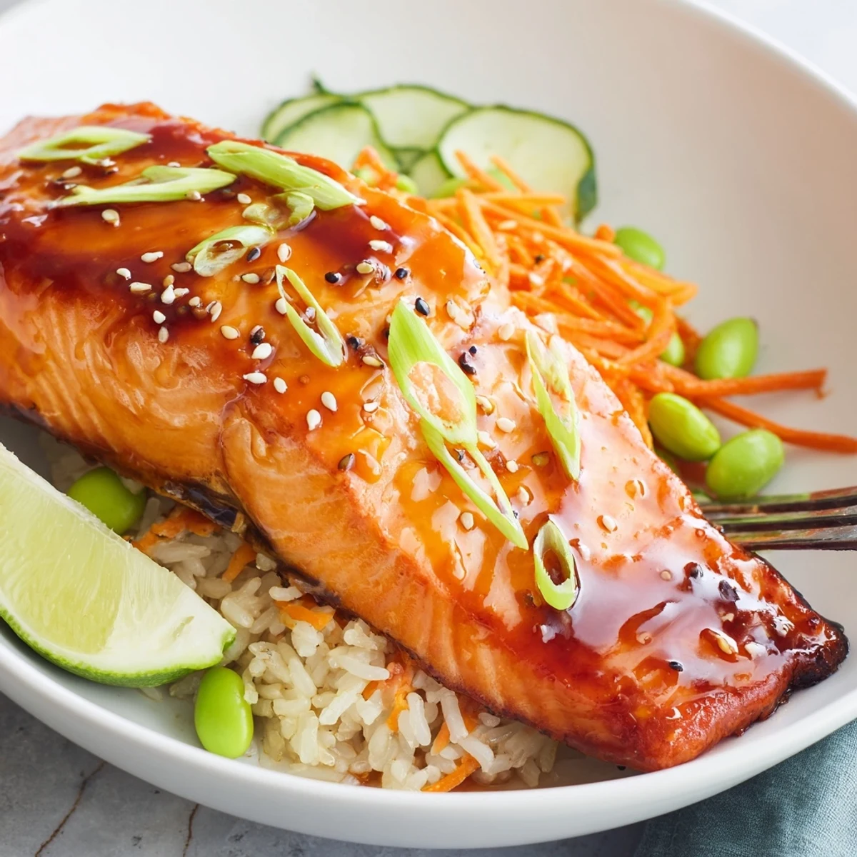 Seared Honey Glazed Salmon Bowl topped with sesame seeds, creamy avocado slices