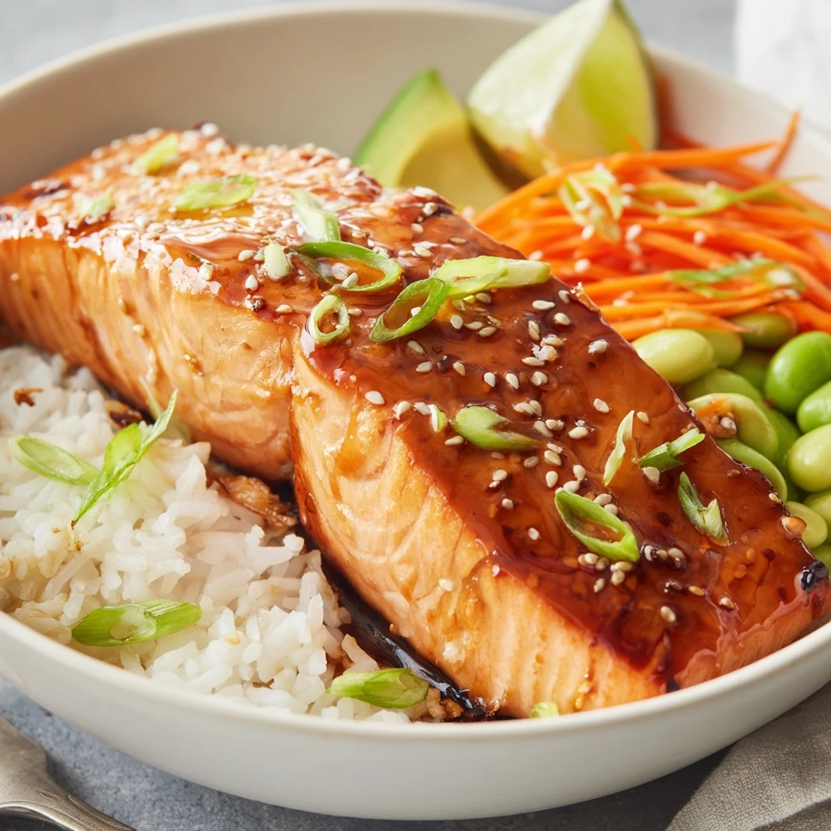 Bright Honey Glazed Salmon Bowl served warm over rice, lime wedge nearby