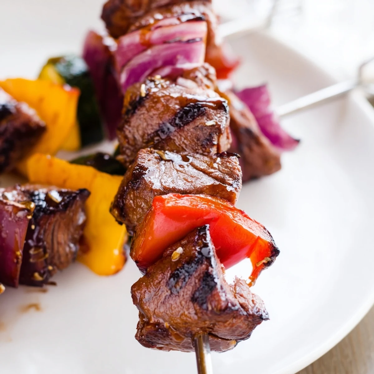 Juicy Steak Kebabs With Savory Marinade For Summer Grilling sizzling over charcoal  