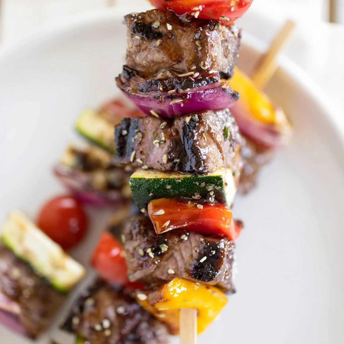 Plated with rice and herbs, Juicy Steak Kebabs With Savory Marinade For Summer Grilling