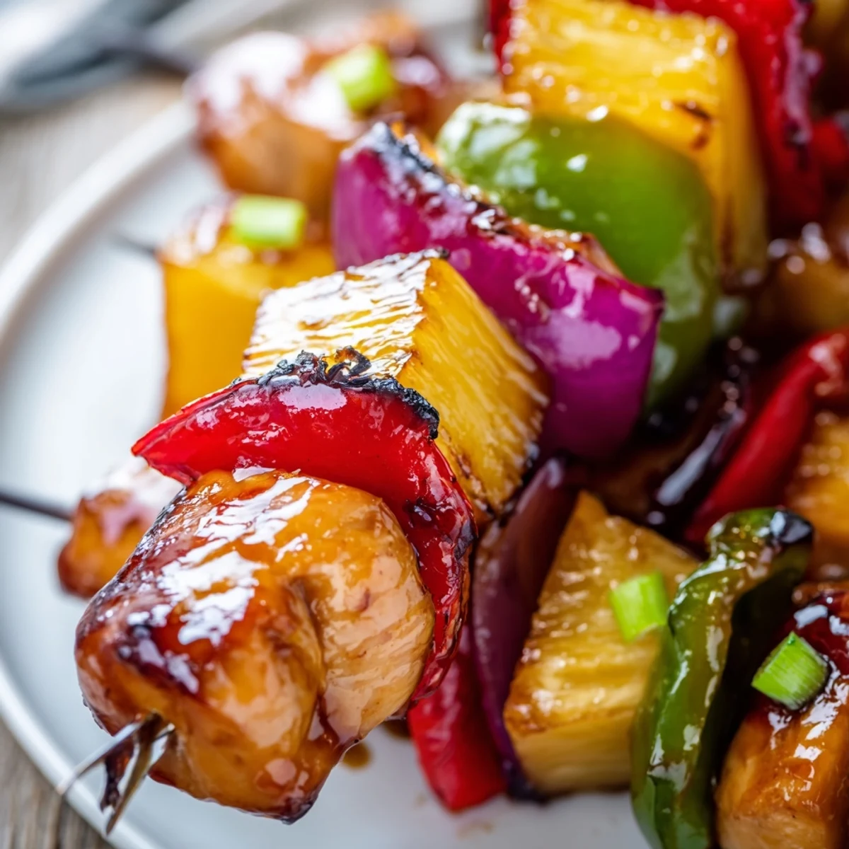 Skewered Hawaiian Turn Turn Chicken Kebabs served hot over steamed rice, scallions