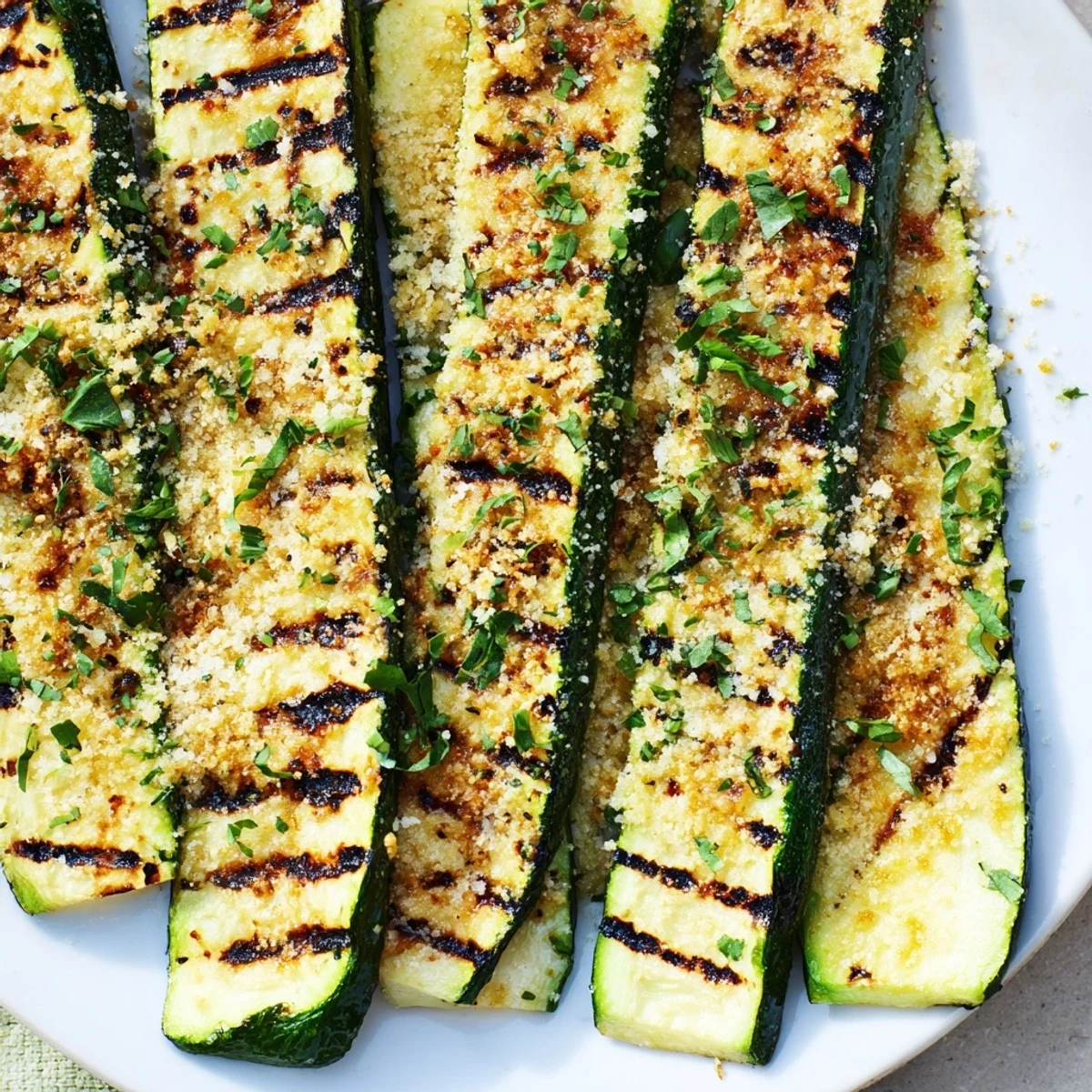 Crispy Grilled Zucchini With Parmesan And Fresh Herbs, golden crust and charred edges.