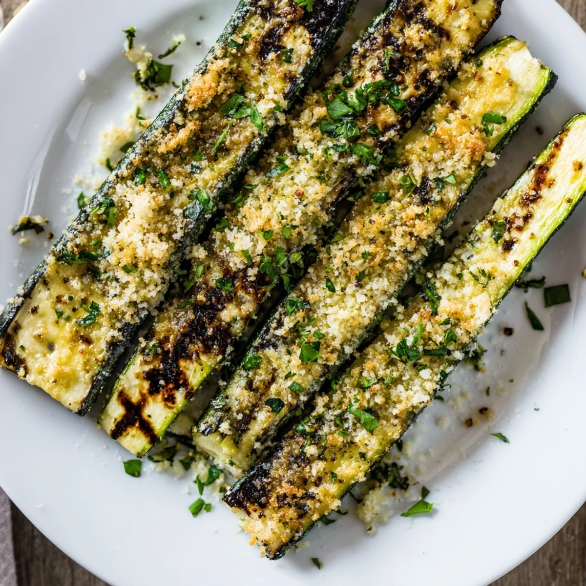 Serve hot Crispy Grilled Zucchini With Parmesan And Fresh Herbs with lemon wedge.
