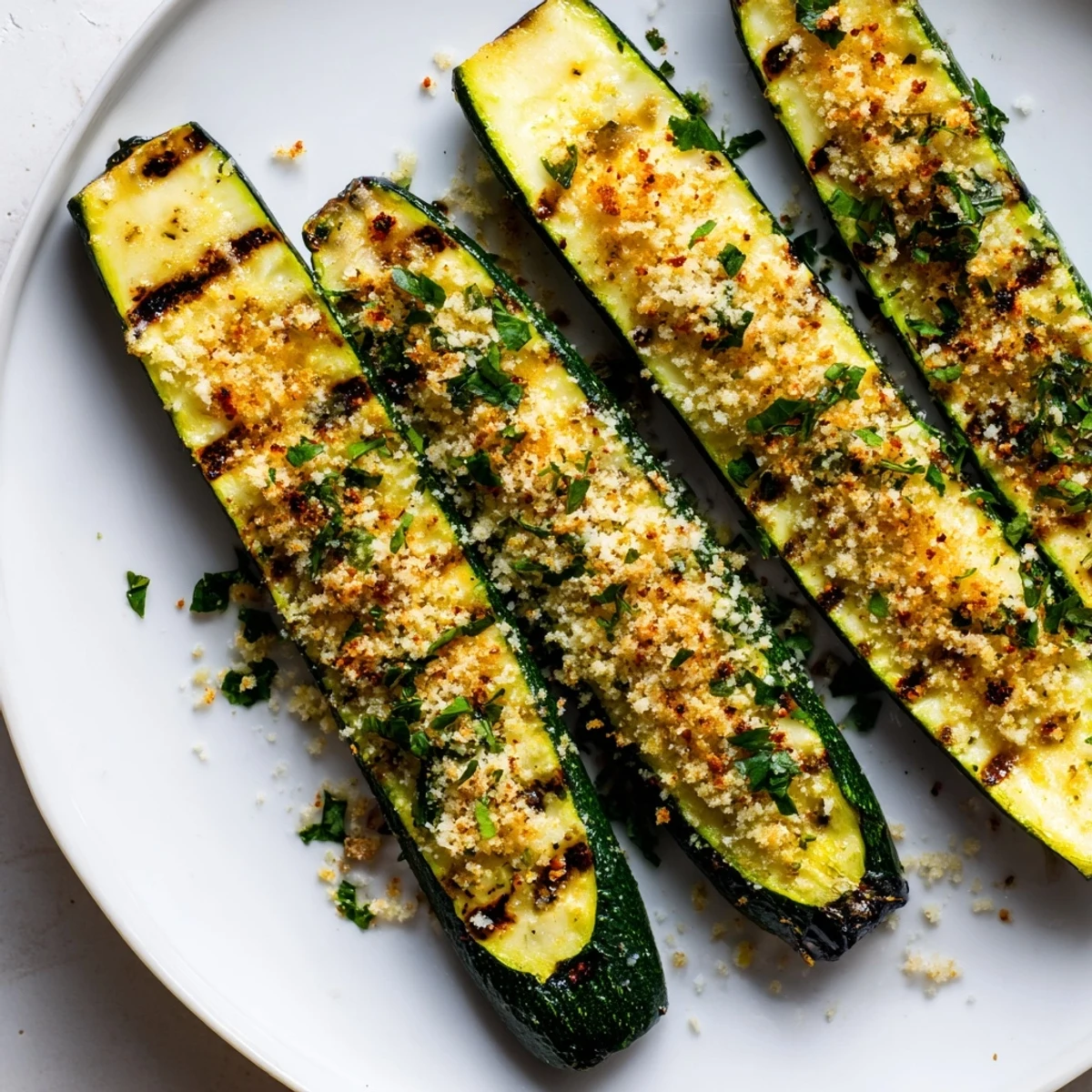 Charred slices highlight Crispy Grilled Zucchini With Parmesan And Fresh Herbs, sprinkled basil.